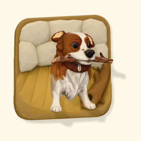 Brown and white dog holding a stick in a warm home scene on a Poptile magnet.